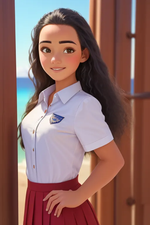 The image shows a young woman of Polynesian descent. She has long, dark hair, brown eyes, and a warm smile. She is wearing a white short-sleeved shirt with a red pleated skirt. The shirt has a badge on it. She is standing in a doorway, with the ocean in the background.