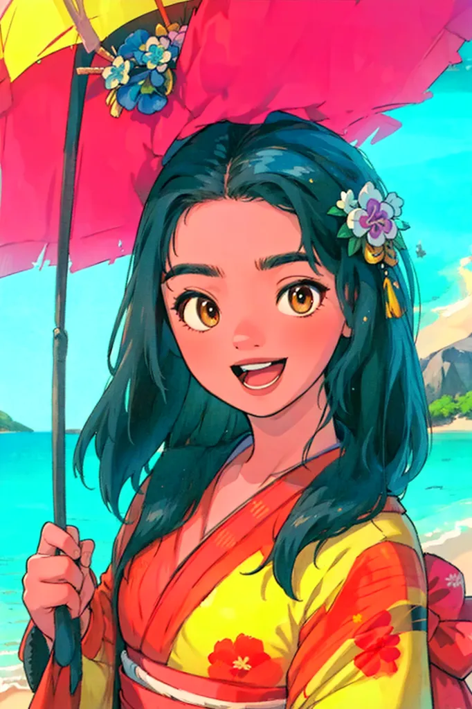 The picture shows a young woman, probably Japanese, standing on a beach. She is wearing a yellow kimono with red and pink floral patterns and an orange obi. The woman has long dark hair that is blowing in the wind and brown eyes. She is holding a red and pink umbrella and smiling. In the background, there is a blue sea and a beach with palm trees.