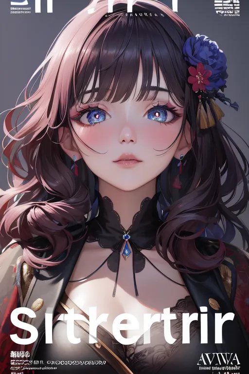 The image is a portrait of a young woman with long brown hair and blue eyes. She is wearing a black and red military-style outfit with a white cravat. There is a blue flower in her hair on the right side of her head. She has a serious expression on her face. The background is a gradient of light blue to dark blue.