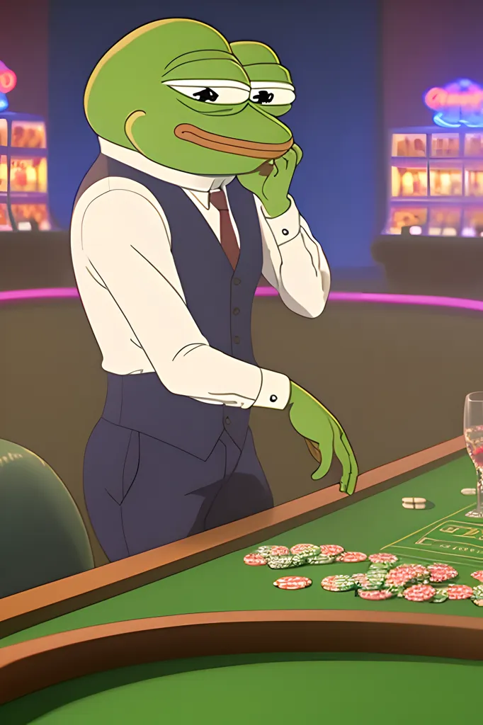 Pepe the Frog is sitting at a blackjack table in a casino. He is wearing a suit and tie and has a pensive look on his face. There is a glass of champagne on the table in front of him, and a handful of chips. The background is a blurred image of a casino, with green felt tables and bright lights.