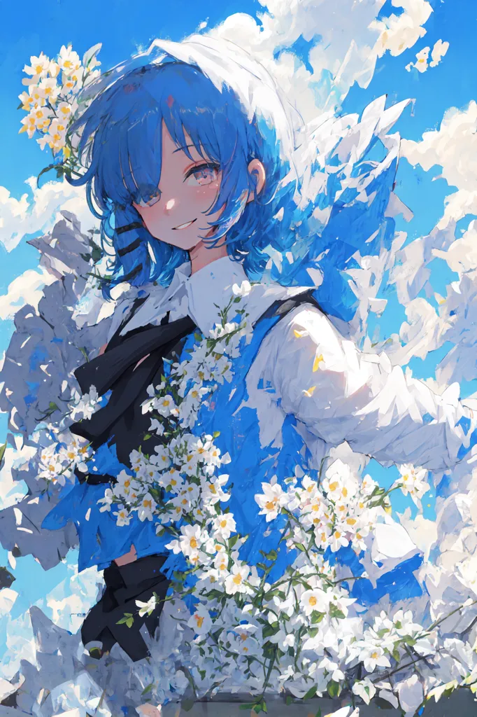 The image is a painting of a young girl with blue hair and eyes. She is wearing a white shirt and a blue bow. The girl is standing in a field of white flowers. The background is a blue sky with white clouds. The painting is done in a realistic style and the colors are vibrant and bright. The girl's expression is happy and carefree.