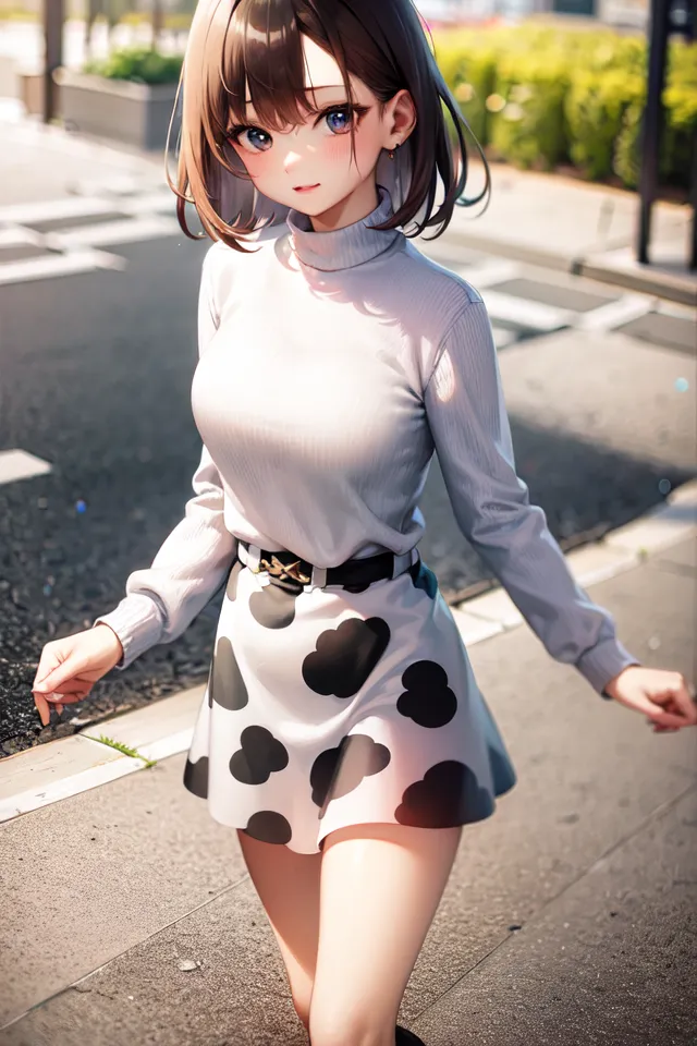 This is an image of a young woman, she has brown hair and blue eyes. She is wearing a white turtleneck blouse and a gray skirt with a black belt. The skirt has a pattern of white clouds on it. She is also wearing black boots. She is walking down a city street, and there are buildings and trees in the background.