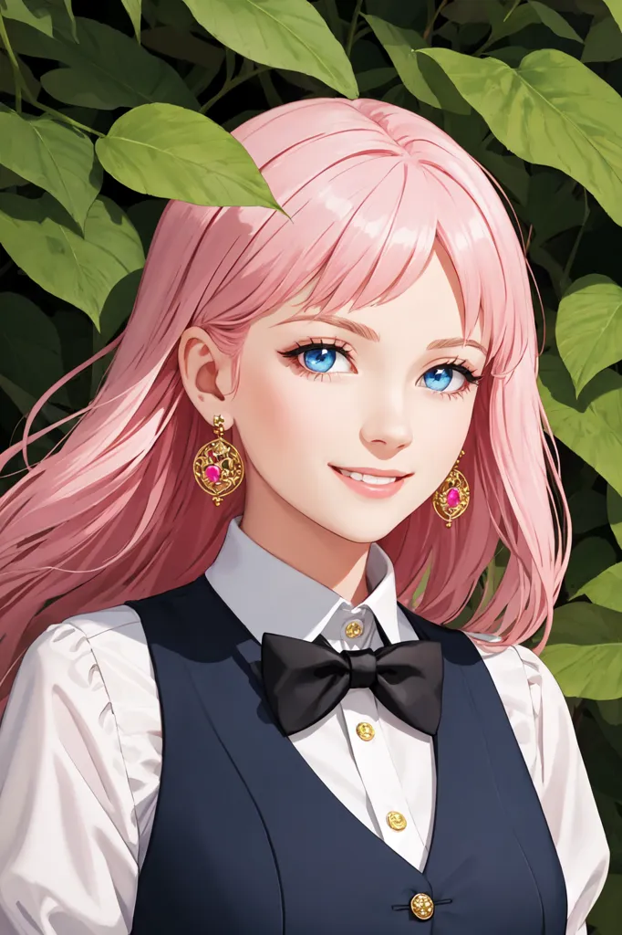 The image shows a young woman with pink hair and blue eyes. She is wearing a white shirt, a black vest, and a bow tie. She has a friendly smile on her face and is standing in front of a background of green leaves.