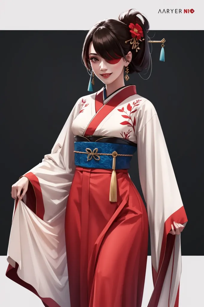 L'image montre une belle jeune femme, aux longs cheveux bruns attachés dans un style de coiffure japonais traditionnel. Elle porte un kimono rouge et blanc avec des motifs complexes. Le kimono est attaché avec une écharpe bleue obi. Elle porte également des boucles d'oreilles et une épingle à cheveux japonais traditionnels. L'arrière-plan est un noir uni, ce qui fait ressortir la femme. La femme a une expression sereine sur son visage et regarde le spectateur de son œil gauche.