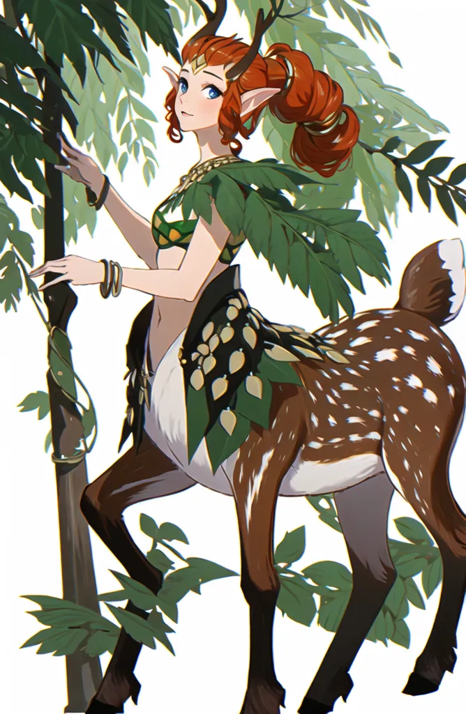 The image is of a female centaur. She has long red hair, green eyes, and deer-like antlers. She is wearing a green top and a skirt made of leaves. She is also wearing a necklace and bracelets made of vines. She is standing in a forest, and she is leaning against a tree. She has a serene expression on her face, and she seems to be enjoying the peace of the forest.