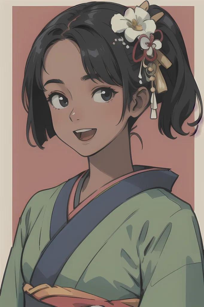 This is a picture of a young woman with dark brown hair. She is wearing a green kimono with a white and red obi. There is a large white flower in her hair. The background is a solid pink color. The woman is smiling.