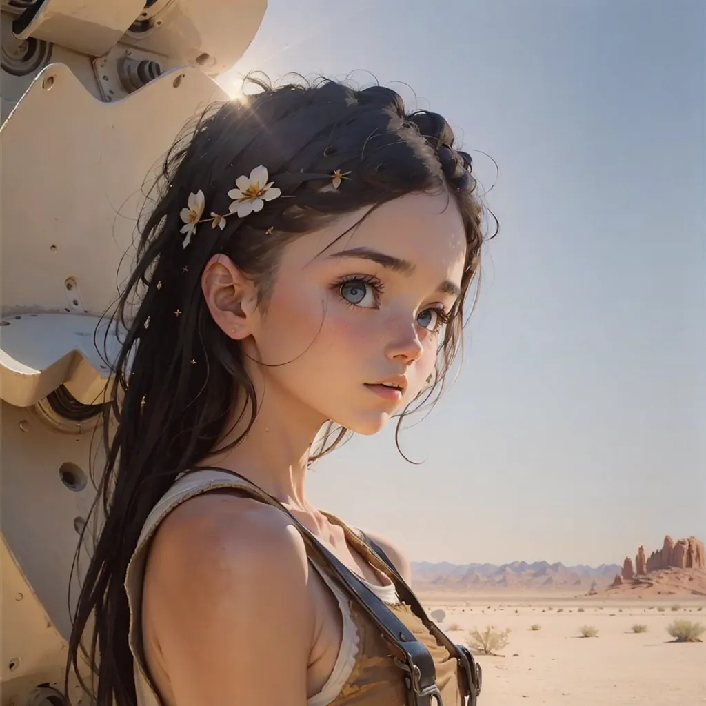 This is an image of a young girl standing in the desert. She has long brown hair with flowers in it. She is wearing a white tank top and a brown skirt. She has a serious expression on her face. There is a large rock formation in the background.