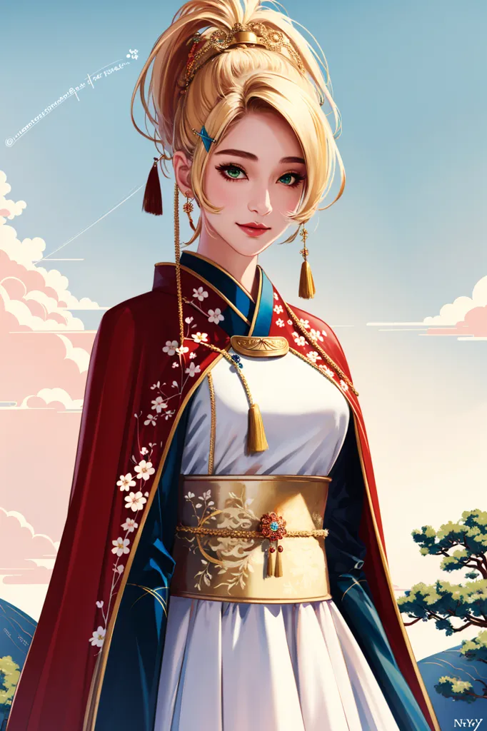 The image shows a beautiful young woman with long blonde hair and green eyes. She is wearing a traditional Korean hanbok with a red and white skirt and a white blouse. The hanbok is decorated with intricate patterns and gold trim. She is also wearing a golden belt and a hairpiece with a red ribbon. The woman is standing in a scenic outdoor setting with mountains in the background.