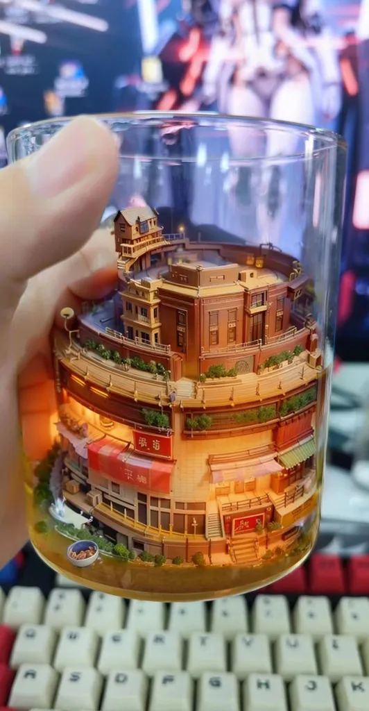 The image shows a glass cup with a miniature city inside. The city is made of tiny buildings, trees, and cars. The buildings are arranged in a circle around a central plaza. The plaza has a fountain and a few trees. The city is lit by tiny streetlights. A hand is holding the glass cup. The background is a computer keyboard.