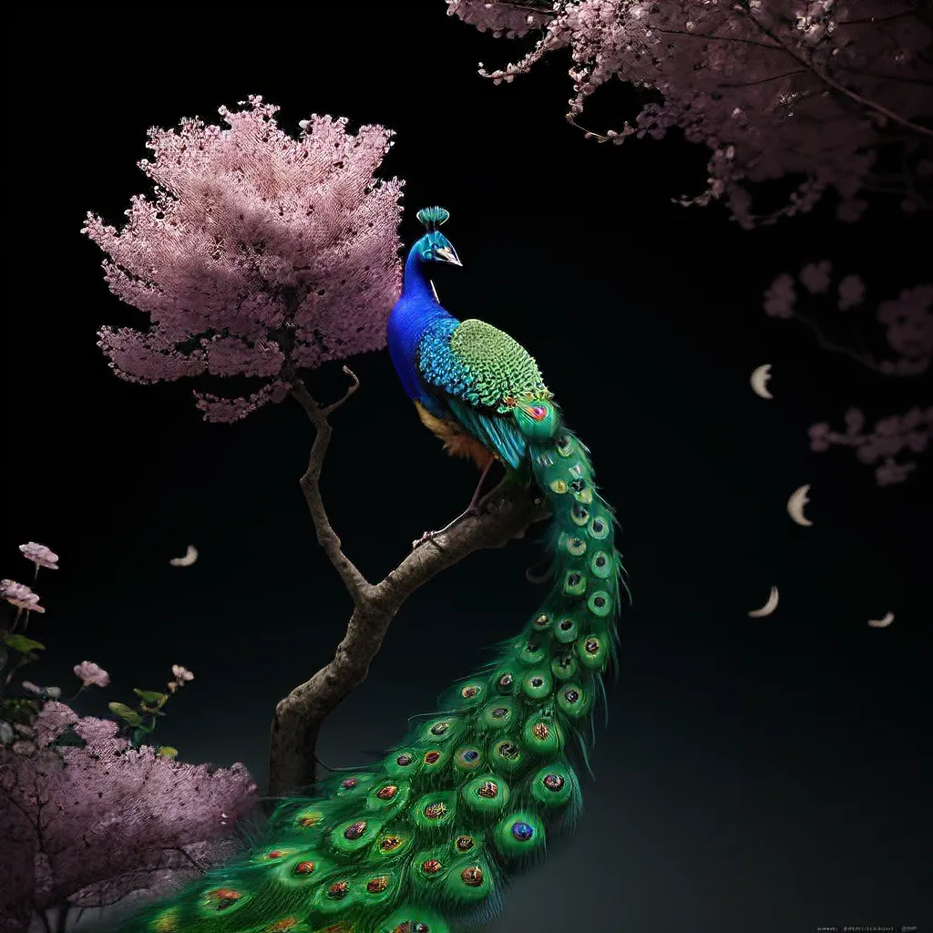 Un pavo real está posado en una rama de un árbol de flores de cerezo. El pavo real tiene brillantes plumas azules, verdes y doradas. El árbol de flores de cerezo tiene delicadas flores rosas. El fondo es un oscuro cielo nocturno azul.