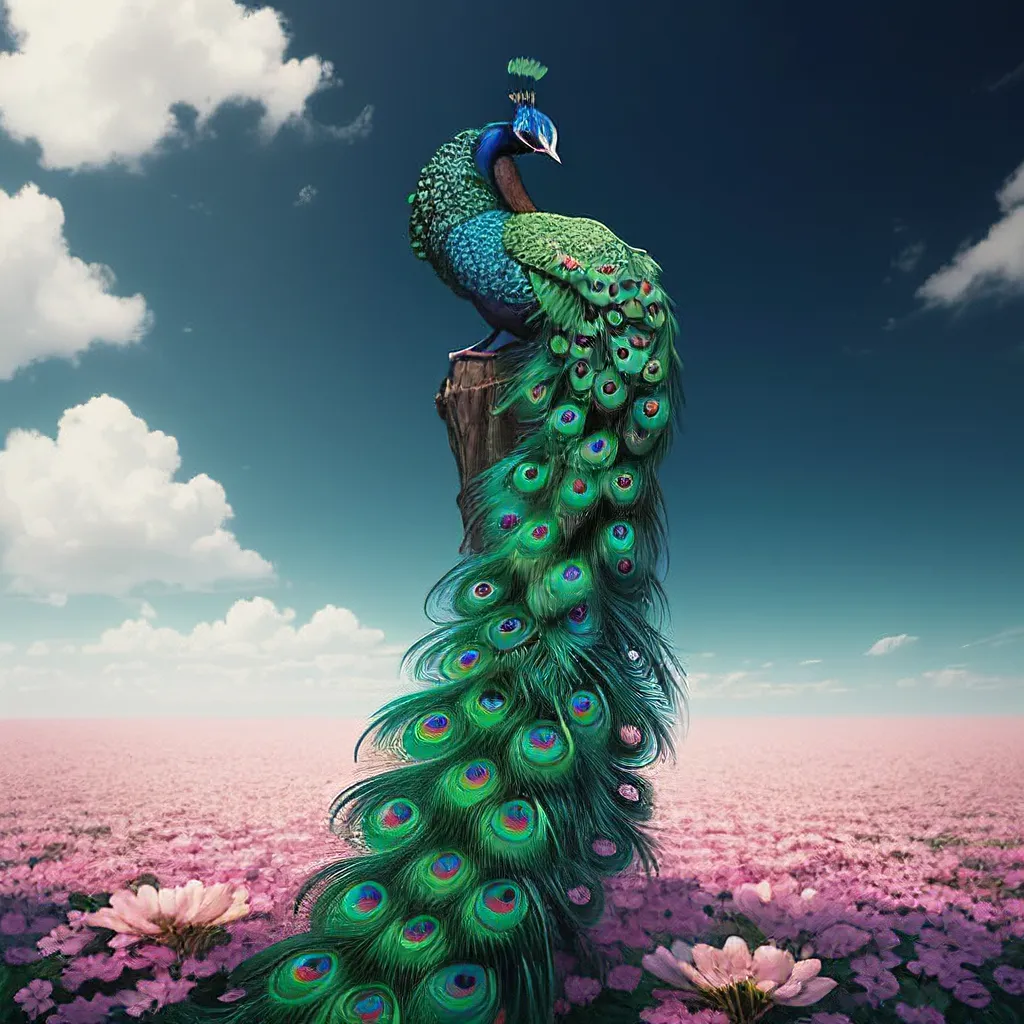 A peacock is standing on a tree stump in a field of pink flowers. The peacock has its tail feathers spread out in a fan. The background is a blue sky with white clouds.