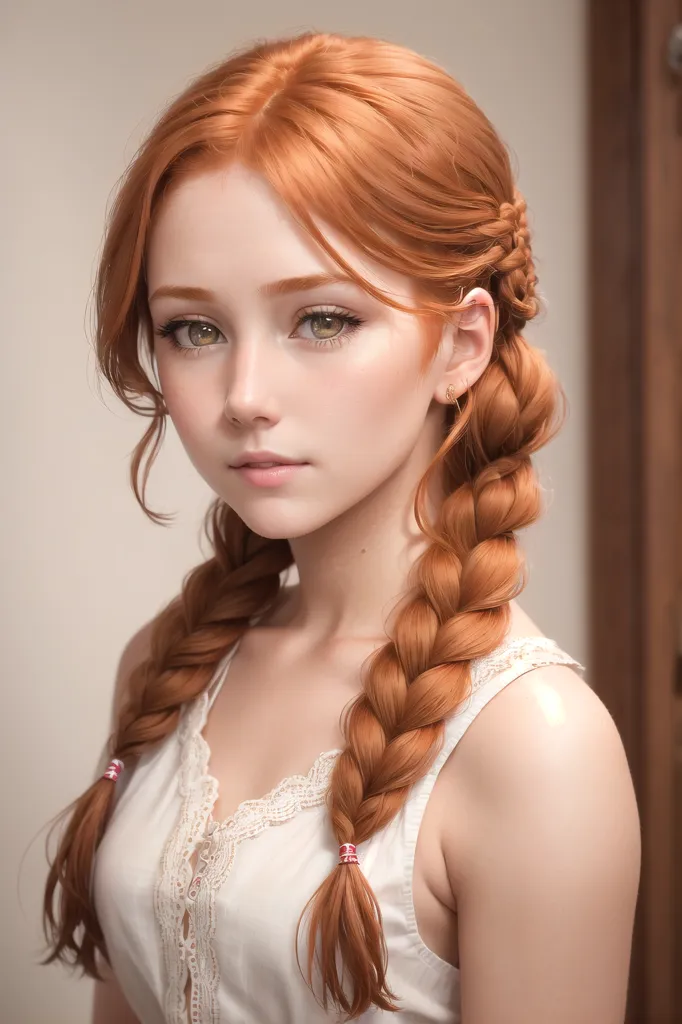 The image shows a young woman with long, orange hair. Her hair is braided and she has a few loose strands framing her face. She has light orange eyes and long, dark eyelashes. Her skin is fair and flawless. She is wearing a white camisole with a sweetheart neckline. The camisole is trimmed with white lace. She is looking at the viewer with a serious expression.