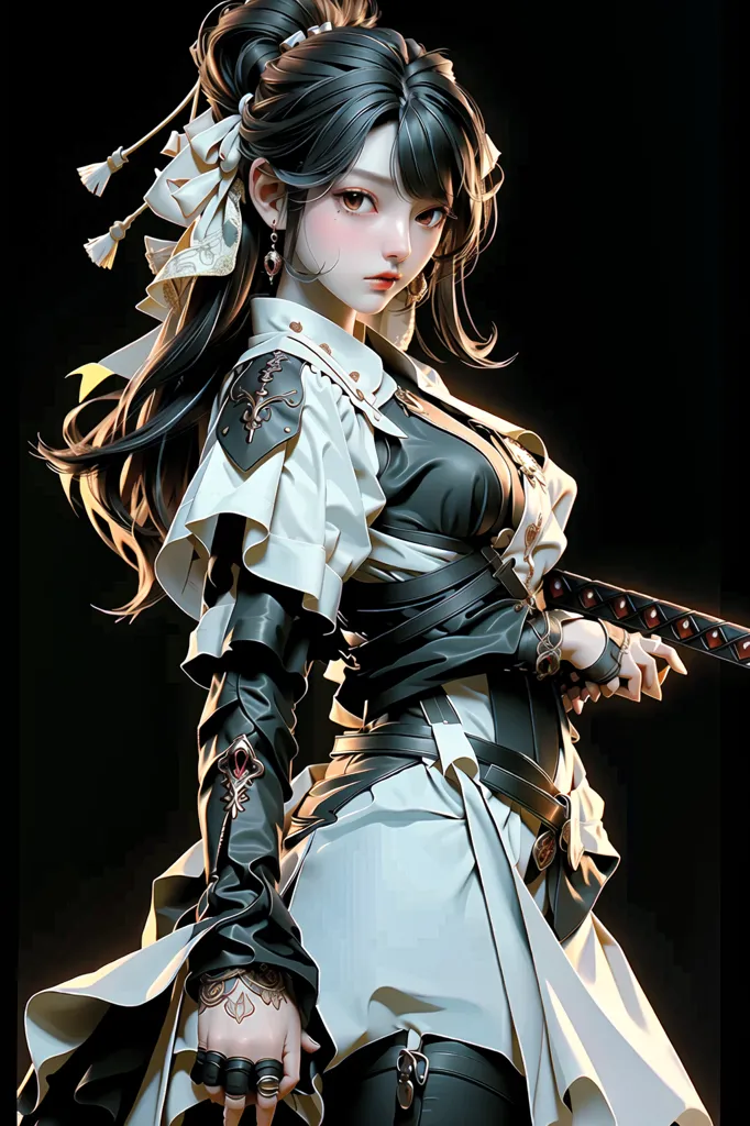 The image is a portrait of a young woman with long black hair and brown eyes. She is wearing a white and black outfit and a white ribbon in her hair. She is also wearing a sword on her left hip. The background is black. The woman is looking at the viewer with a serious expression on her face.