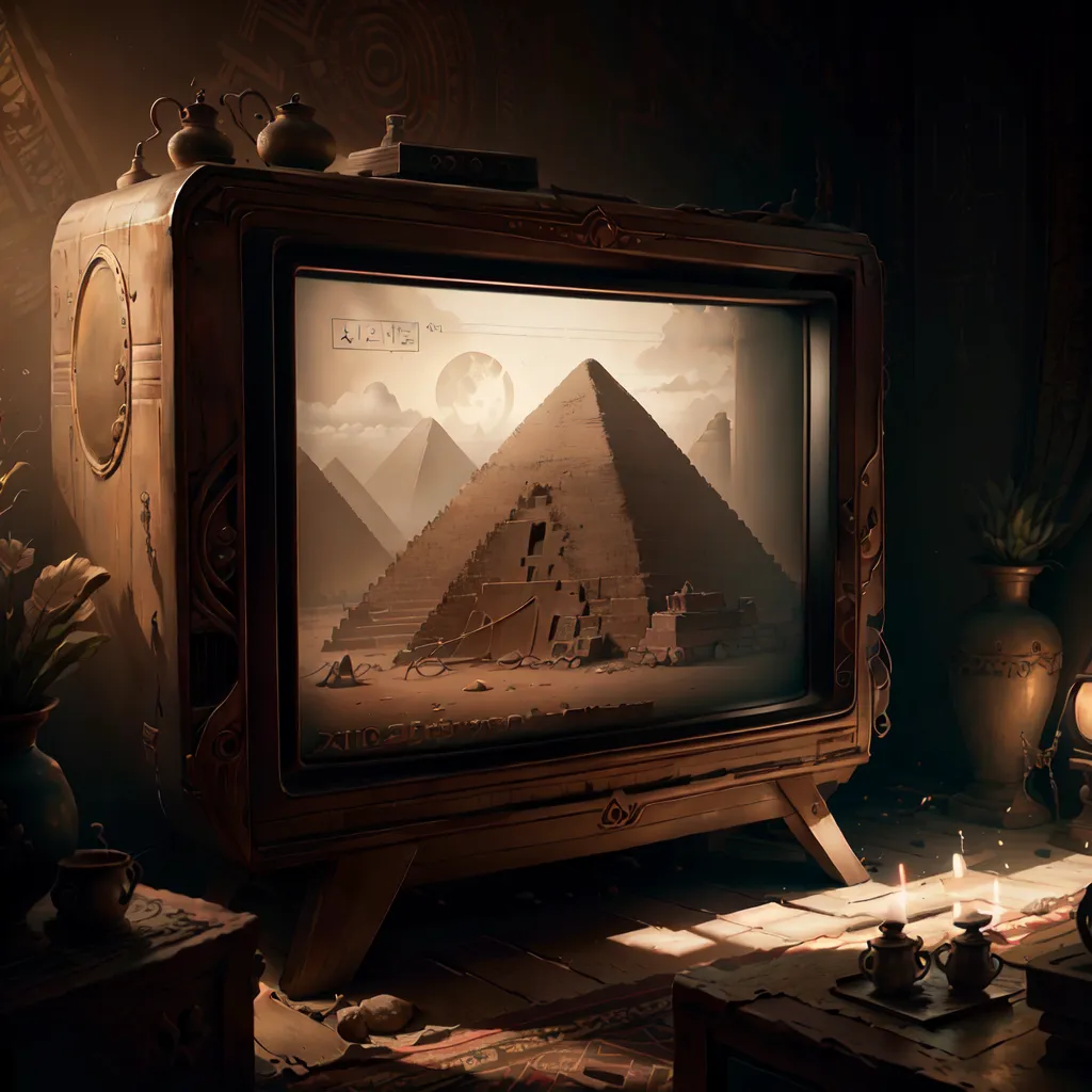 La imagen muestra una escena del antiguo Egipto con un enfoque en las pirámides. La imagen está en tono sepia y tiene un aspecto retro, casi steampunk. La imagen está enmarcada por un televisor de madera con jeroglíficos en la pantalla. El televisor está colocado en el piso frente a una pared. Hay algunos objetos en el piso frente al televisor, incluyendo una lámpara, algunos libros y un jarrón.