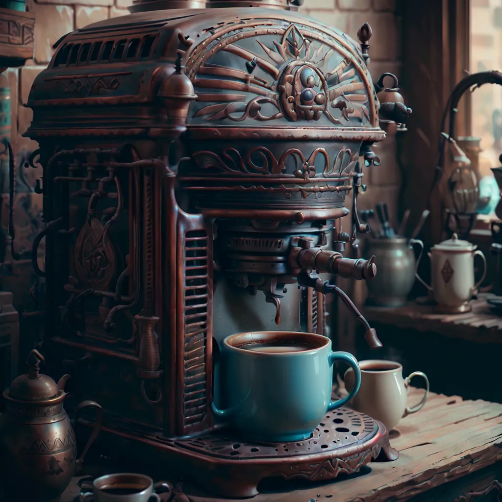 The image shows a vintage coffee machine made of copper and brass with intricate carvings and a blue cup of coffee on a saucer in front of it. There are other ceramic and metal containers on the wooden table to the right of the machine, and the background includes a brick wall and a large window.