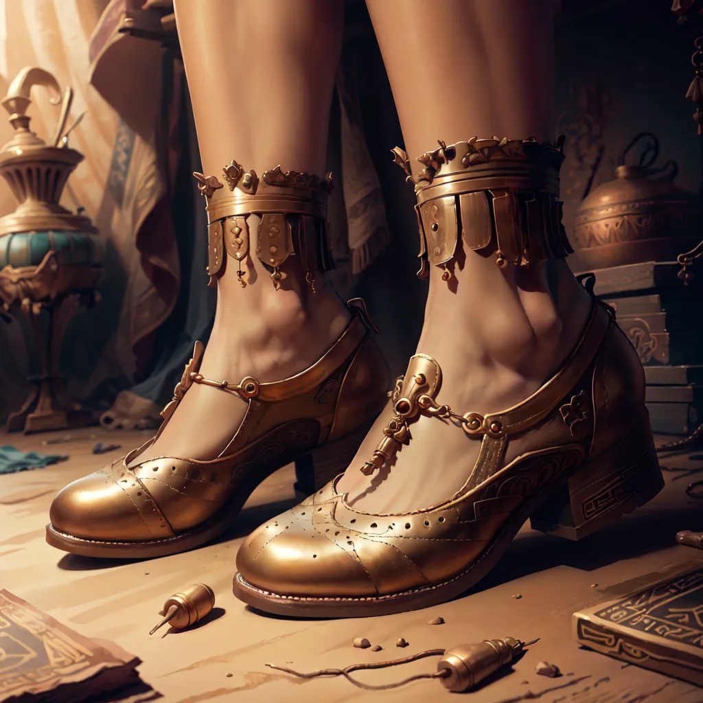 The image shows a pair of golden shoes with intricate designs. The shoes are made of metal and have a high heel. The shoes are decorated with various jewels and have a unique design. The person wearing the shoes is standing on a brown surface, which may be a floor or a table. The background is blurry, but it looks like there are some objects on the surface behind the person. The person is wearing a long dress, and the bottom of the dress is visible in the image.