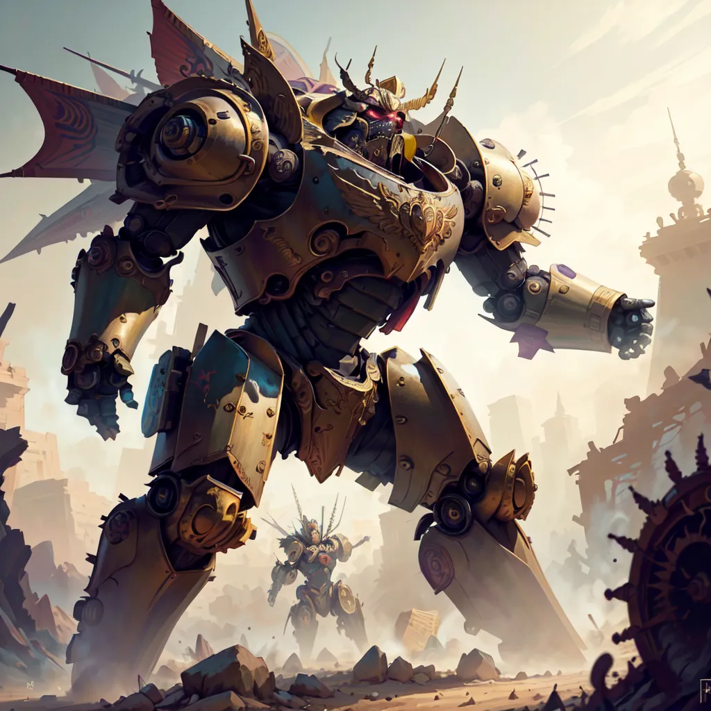 The image shows a giant robot standing in a ruined city. The robot is made of gold and bronze, and it has a large, ornate head with a crown on top. It is also wearing a large suit of armor, and it has a weapon in its right hand. There are two smaller robots standing in front of the giant robot. They are both made of the same material as the giant robot, and they are both wearing similar suits of armor. The smaller robots are both holding weapons, and they look like they are ready to fight. In the background, there is a ruined city. There are buildings and towers in the background, and they are all made of the same material as the robots. The city looks like it has been abandoned, and it is unclear what happened to the people who lived there.