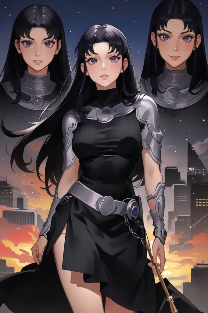 This image shows a young woman with long black hair. She's wearing a black dress with silver accents. She has a silver belt with a purple gem in the center. She's also wearing silver shoulder pads. She's standing in front of a city at night. There are two other women with the same appearance standing behind her.