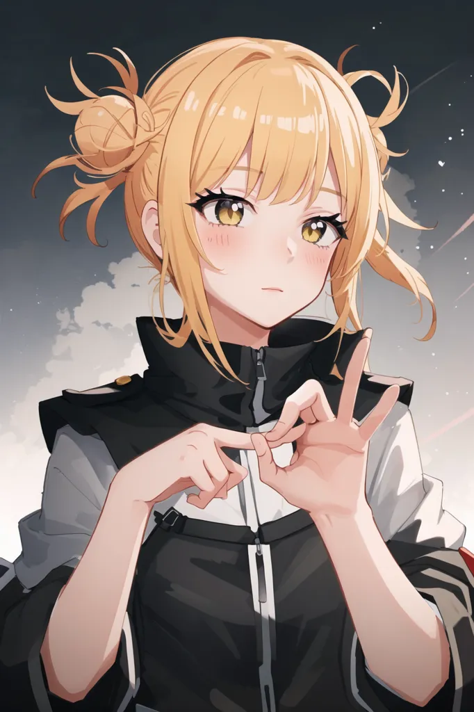 The image is of a young woman with a serious expression on her face. She has pale skin, bright yellow eyes, and long blonde hair tied up in two buns. She is wearing a black sweatshirt with white and red accents. She is making a heart shape with her fingers.