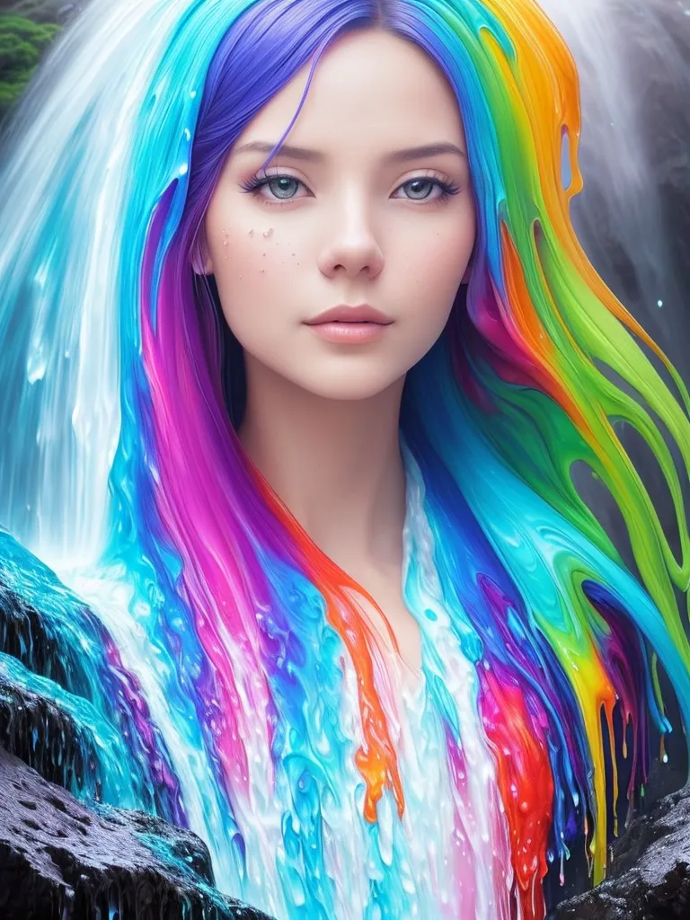 The image is a portrait of a young woman with long, flowing hair. The hair is a rainbow of colors, with the blues and greens being the most prominent. The woman's eyes are a light blue color and her skin is fair. She is wearing a white dress that is covered in colorful paint. The background of the image is a waterfall, which is mostly obscured by the woman's hair.