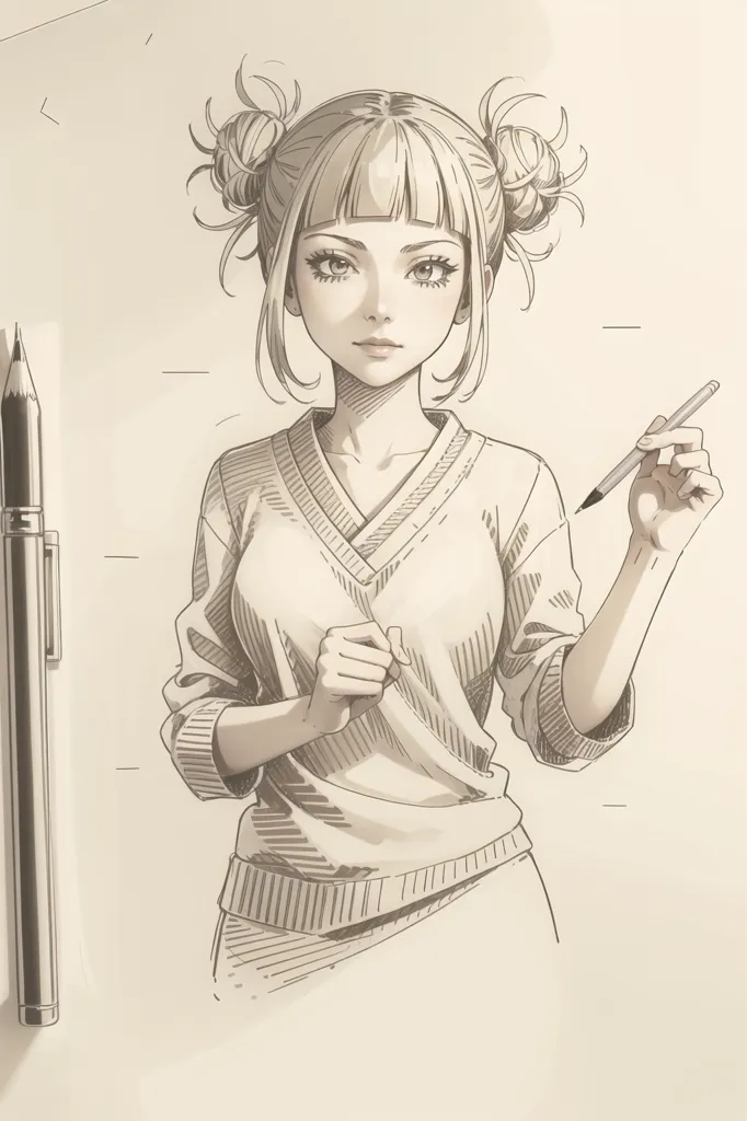 The image is a sketch of a young woman with short hair in pigtails. She is wearing a collared shirt and has a pen in her hand. She is looking at the viewer with a confident expression. There is a pencil on the left side of the image. The image is drawn in a realistic style and the shading is used to create depth and dimension.