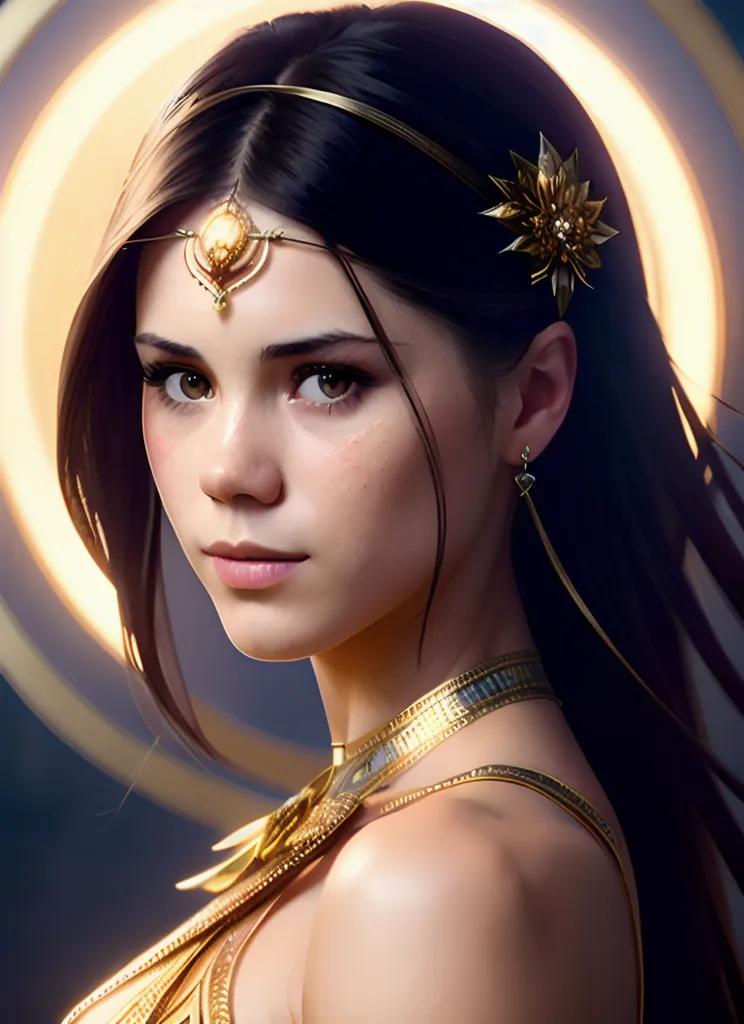 This image shows a beautiful young woman, with long brown hair, wearing a golden headpiece and golden earrings. She is wearing a golden dress with a low neckline. She has a serene expression on her face and is looking at the viewer with her head tilted slightly to the right. The background is a dark blue color, with a bright white light source coming from the top left corner of the image.