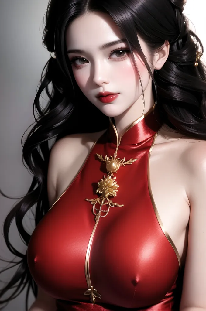 The image shows a young woman with long black hair and red lips. She is wearing a red cheongsam with a high collar and a gold clasp in the shape of a flower. The cheongsam is made of a shiny material and it is fitted to her body. The woman is looking at the viewer with a serious expression.