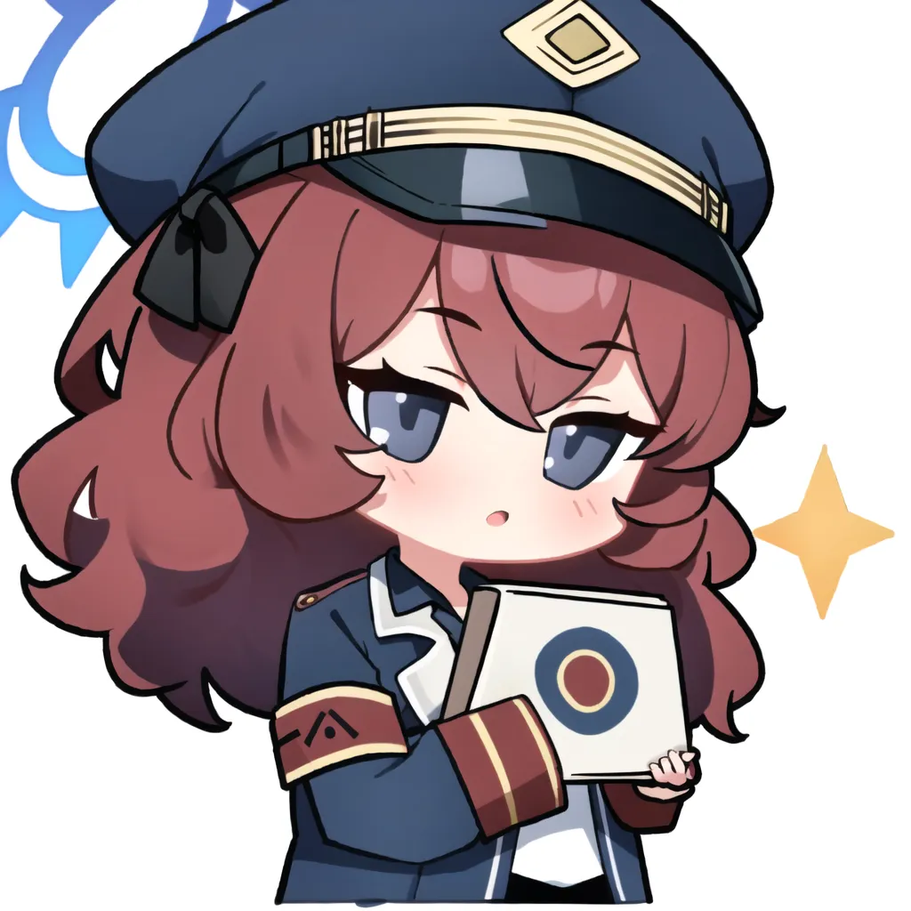 The image shows an anime-style chibi character with brown hair and blue eyes. She is wearing a blue hat with a white band and a gold badge, and a blue military-style outfit with gold buttons and epaulettes. She is carrying a large white box with a red circle on the lid. The character is standing on a white background, and there is a yellow starburst in the background on the right side.