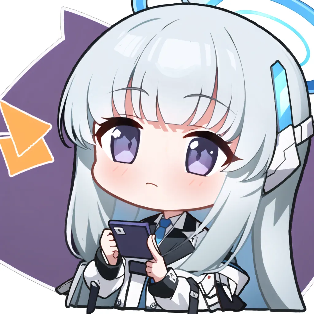 A imagem é de um personagem chibi com cabelo branco e olhos roxos. Ela está usando um traje branco e azul com uma gravata e tem um pequeno halo acima da cabeça. Ela está segurando um telefone e olhando para ele com uma expressão curiosa. O fundo é de uma cor roxa clara.