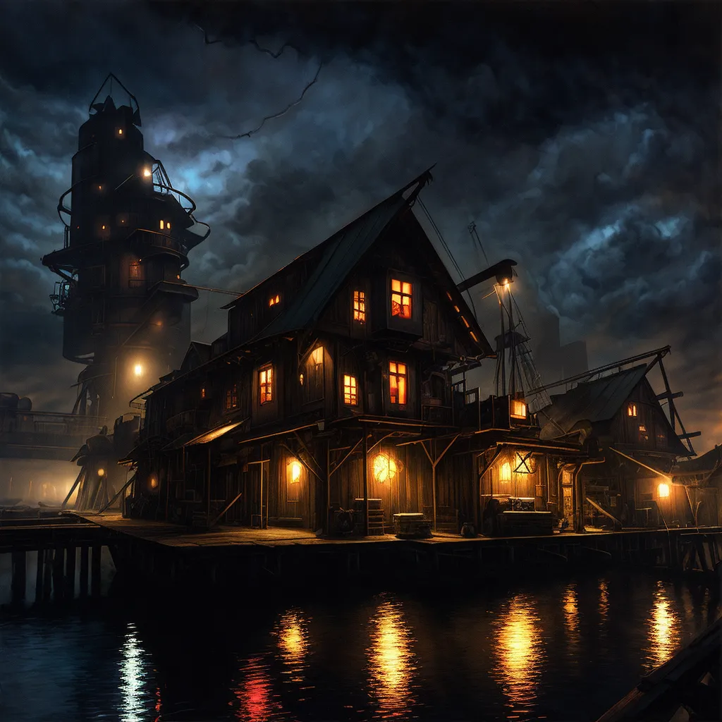 The image is a dark and stormy night. A large wooden building is on the left side of the image, with a smaller wooden building to the right. There is a large tower in the background. The buildings are lit by lanterns and there is a light on in the window of the smaller building. The water in front of the buildings is dark and choppy.