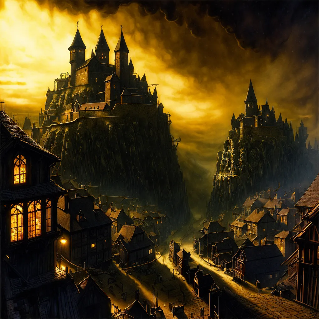 The image is a dark fantasy painting of a castle on a cliff. The castle is surrounded by a town. The sky is dark and stormy. The painting is in a realistic style and the details are very well done. The artist has used a variety of techniques to create a sense of depth and atmosphere in the painting. The lighting is used to create a sense of drama and mystery. The painting is full of details that reward close inspection.