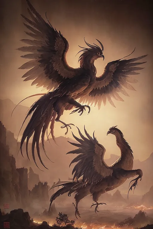 The image is a painting of two phoenixes flying in a rocky landscape. The phoenixes are both dark colored with black and brown feathers. They are flying towards each other with their wings spread wide. The background is a dark orange color with a mountain range in the distance. The painting is done in a realistic style and the artist has used a variety of techniques to create a sense of depth and realism.