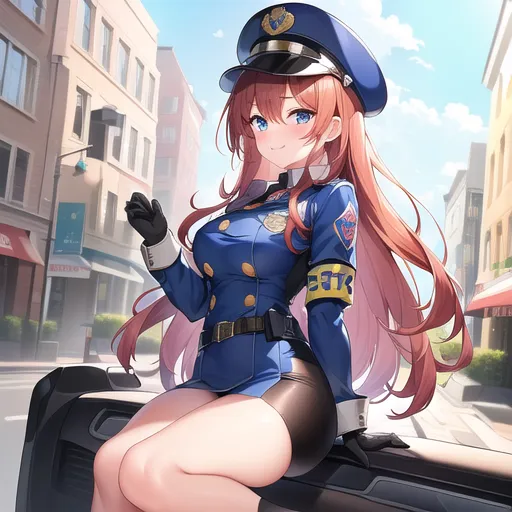 The image depicts an anime-style policewoman with long red hair and blue eyes. She is wearing a blue police uniform with a white shirt and black tie. She is also wearing a police hat and black gloves. She is sitting on the back of a black motorcycle and is looking at the viewer with a smile on her face. The background is a cityscape with buildings and trees.