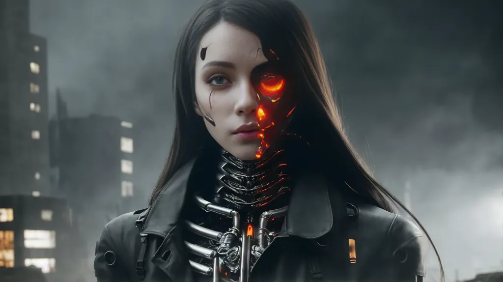 This is an image of a young woman. Her face is partially covered by a metal mask, and her right eye is glowing orange. Her hair is long and black, and she is wearing a black leather jacket. She looks like a cyborg, and she is standing in a dark and rainy city. The background is a dark cityscape with tall buildings and a lot of neon lights. The woman is looking at the camera with a serious expression.