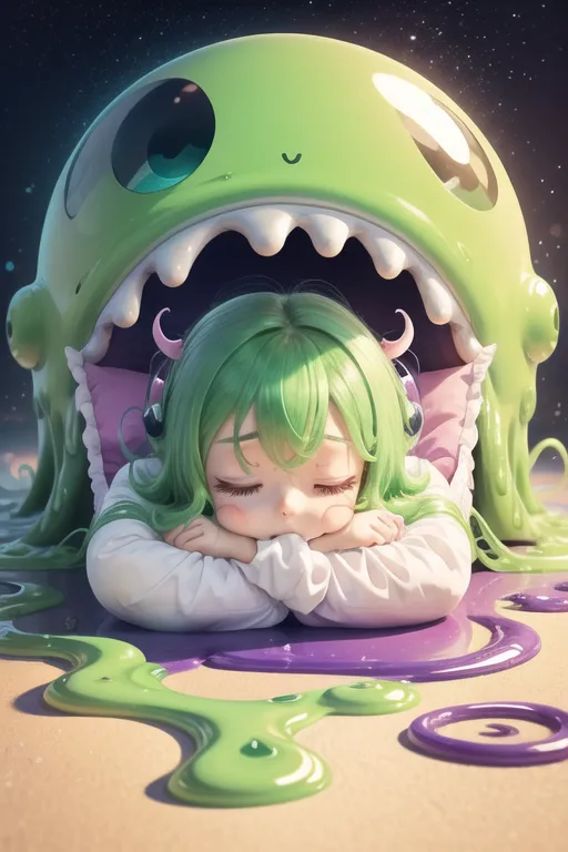 The image is a digital painting of a green-haired anime girl sleeping inside the mouth of a large, green monster. The monster has its eyes closed and is smiling. The girl is wearing a white shirt and has her hands folded on her chest. The monster is sitting on a bed of purple slime. There are stars in the background.