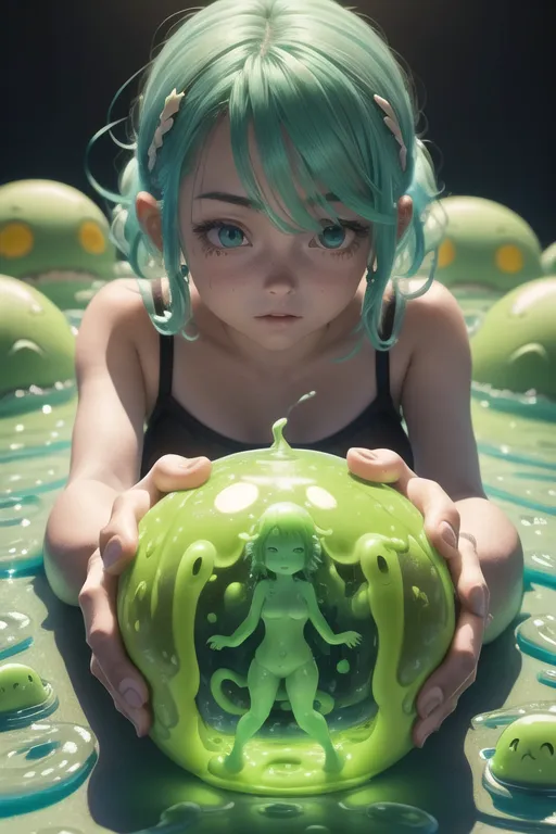 La imagen es una pintura digital de una chica con el cabello verde y los ojos azules. Lleva un traje de baño negro y está sentada en un charco de baba verde. Está sosteniendo una versión más pequeña de sí misma hecha de la misma baba verde en sus manos. La chica tiene una expresión seria en su rostro. El fondo es un borrón de baba verde.