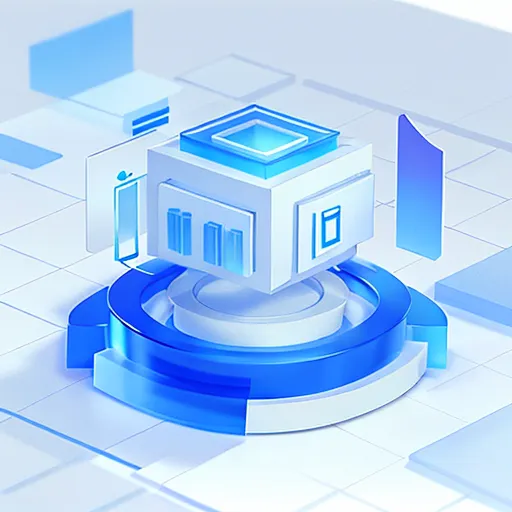 This is a 3D rendering of a blue and white geometric structure. It appears to be a building or structure of some kind. It is made up of a series of cubes and rectangles, and has a large blue circle at the base. The structure is surrounded by a grid of blue lines.