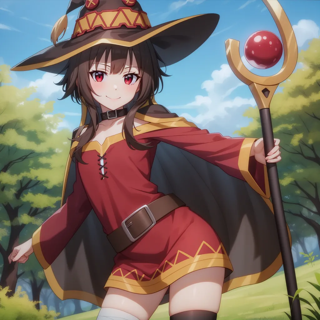 The image is of a young girl with long brown hair and red eyes. She is wearing a red and brown witch's hat and a red dress with a white collar. She is also wearing a brown belt with a gold buckle and white stockings. She is holding a brown staff with a red orb on the end. She is standing in a forest and there are trees behind her.