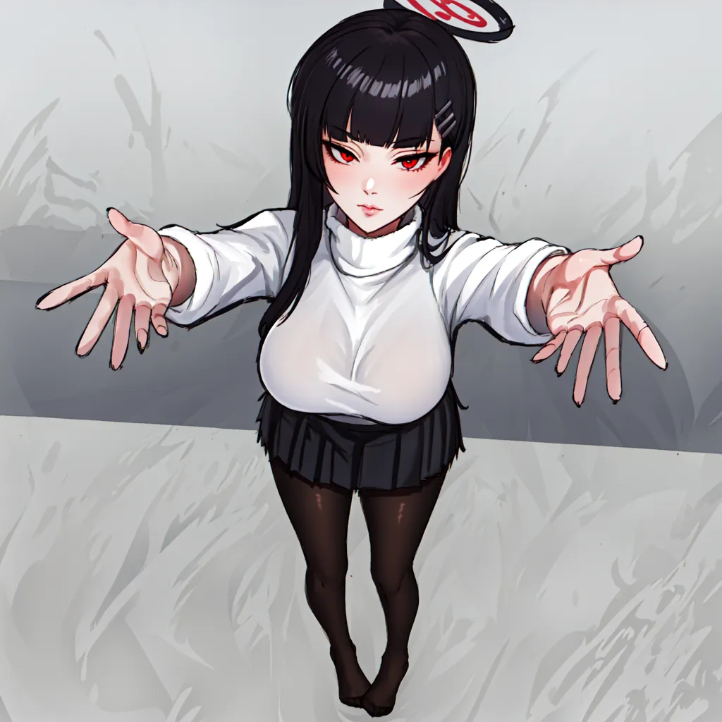 The image shows a woman with long black hair and red eyes. She is wearing a white turtleneck blouse and a black pleated skirt. She is barefoot and has a halo above her head. She is standing with her arms outstretched, and her palms are facing upwards. She has a confident and seductive expression on her face.