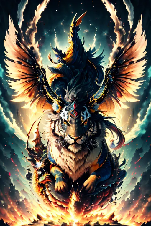 The image is a depiction of a mythical creature with the body of a tiger, the wings of an eagle, and the head of a lion. The creature is standing on a pile of rocks, and there is a fire burning in the background. The creature is surrounded by a dark, stormy sky.