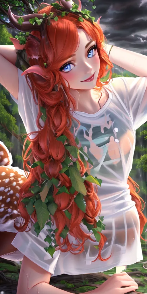 La imagen muestra a una hermosa chica de anime con el cabello largo y rojo y ojos azules. Tiene orejas y cuernos de ciervo. Lleva una camisa blanca mojada. Hay un ciervo de pie a su lado. El fondo es un bosque con árboles verdes. Está lloviendo en la imagen.