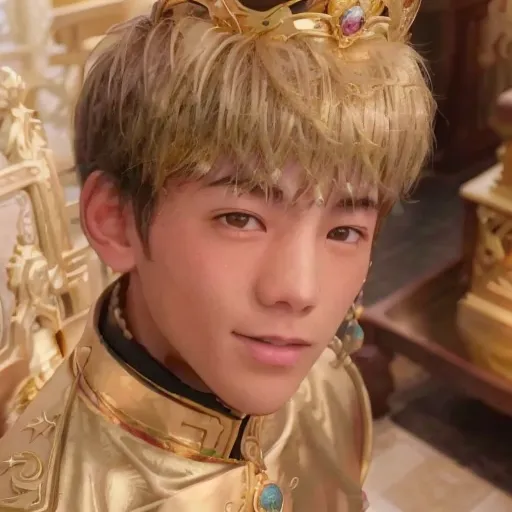 The picture shows a young man with blond hair and brown eyes. He is wearing a golden crown and a golden costume. He is sitting on a golden throne and there are golden decorations all around him. The background is white and there are some blurry lights in the background.