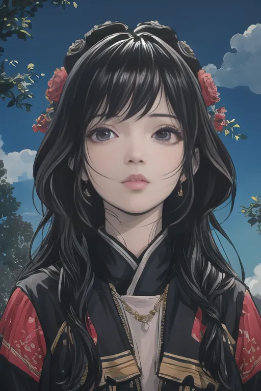 This is a picture of a young woman with long black hair. She is wearing a black and red kimono with a white collar. She has red and pink flowers in her hair and is wearing a necklace and earrings. She has a serious expression on her face.