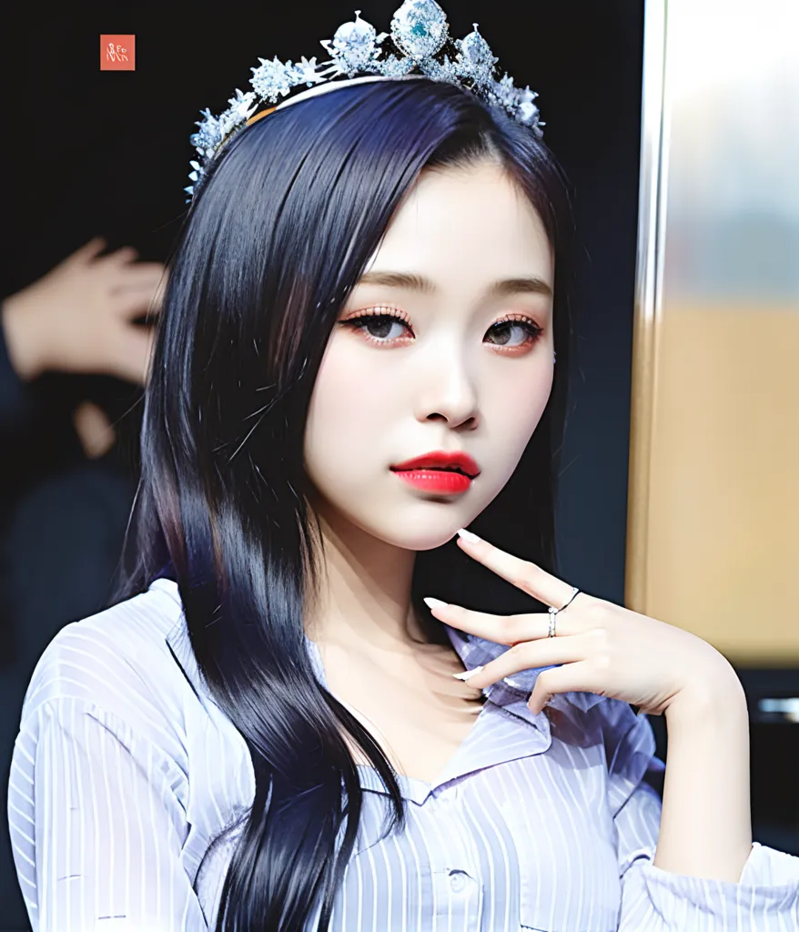 A young woman with long black hair is wearing a silver tiara with blue and white gems. She is wearing a light blue blouse with white stripes. She has a ring on her right hand. She is looking at the camera with a slight smile on her face.