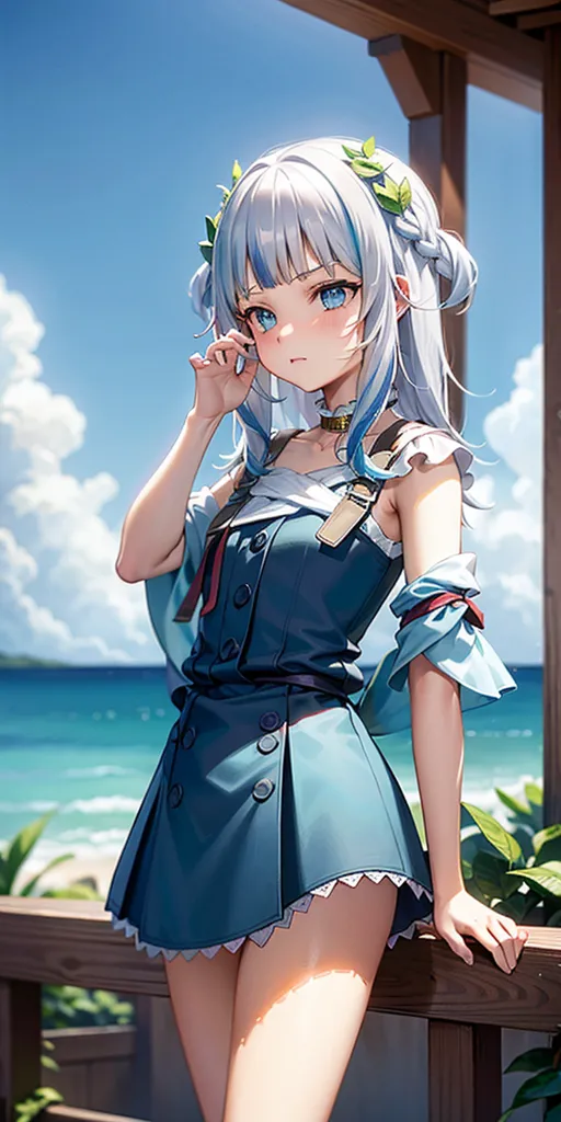 The image shows an anime-style girl with white hair and blue eyes. She is wearing a blue dress with a white collar and a brown belt. She is also wearing a necklace with a blue gem in the center. She is standing on a wooden railing with the ocean in the background. The girl is looking at the viewer with a slightly sad expression on her face.