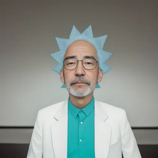 The image shows a man with white hair styled like Rick Sanchez from the animated television series Rick and Morty. He is wearing a white suit jacket and a light blue shirt with a white collar. He has a pair of glasses on and a small amount of facial hair. The background is a blurred light grey.