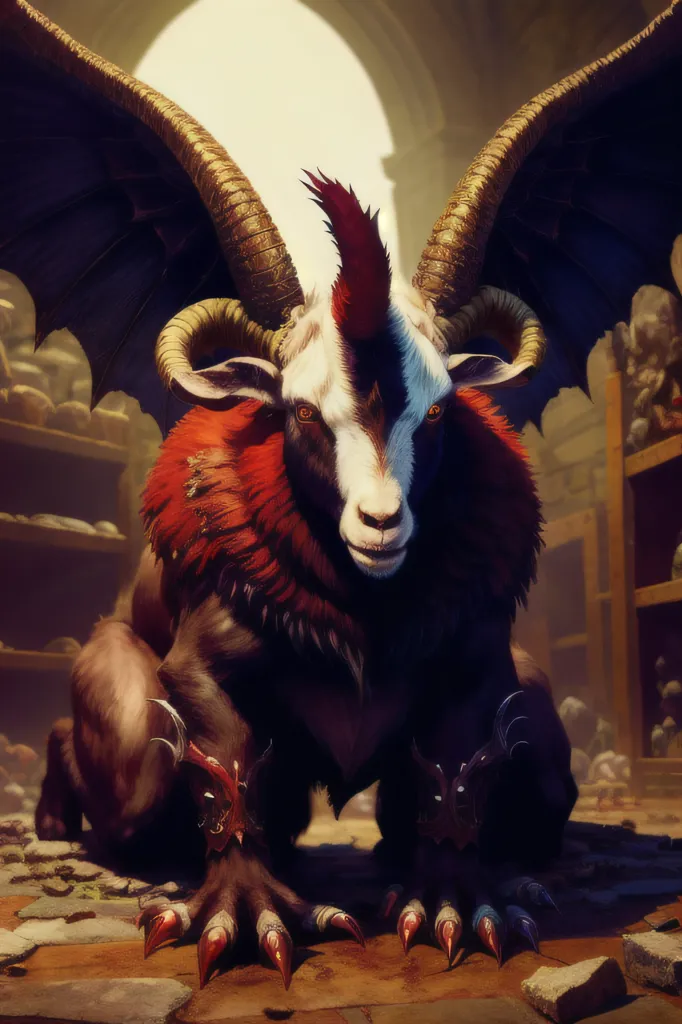 The image is a dark fantasy depiction of a chimera. It has the body of a goat, the wings of a bat, and the horns of a ram. Its fur is black and red, and its eyes are yellow. It is standing in a rocky chamber, and there are shelves with jars and urns in the background.