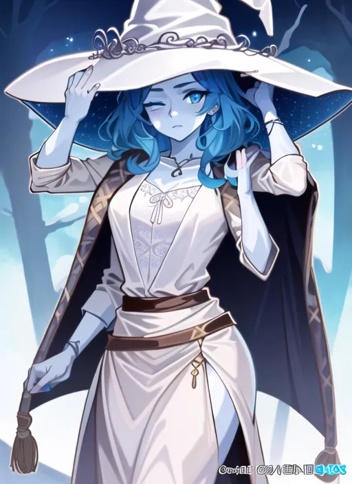 The picture shows a young woman with long blue hair wearing a witch's hat and a white dress. She has a sly expression on her face and is winking at the viewer. She is standing in a snowy forest, and there is a full moon in the background.