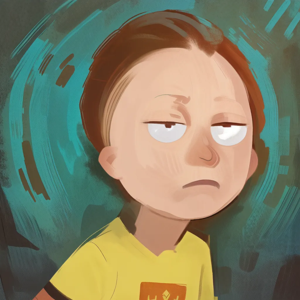 A imagem é uma pintura de Morty Smith da série de televisão animada Rick and Morty. Ele é retratado em um estilo realista com uma camisa amarela e cabelos castanhos. O fundo é de cor azul escuro com um tom verde. A expressão de Morty é de irritação e resignação. A pintura é feita em um estilo solto e pincelado, com pinceladas visíveis.