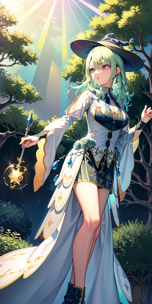 The image is of an anime-style girl with long green hair and green eyes. She is wearing a white and blue dress with a green hat and is holding a staff with a star on the end. She is standing in a forest with a bright light shining down on her.